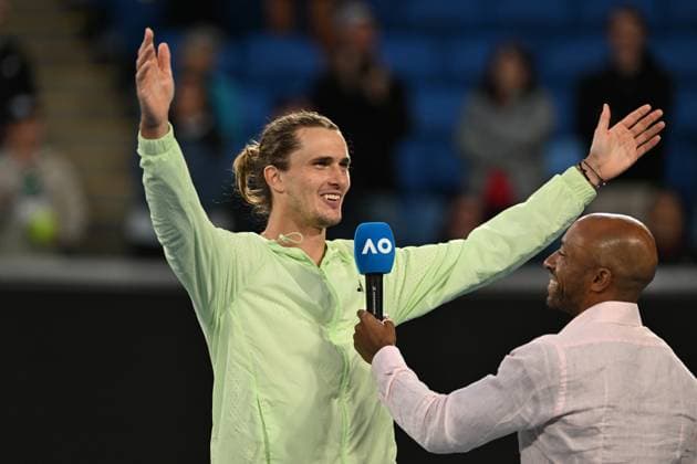 TENNIS AUSTRALIAN OPEN, Alexander Zverev of Germany sings happy birthday to his dad after forgetting it was his birthday following his 4th round win against Cameron Norrie of United Kingdom on Day 9 of the 2024 Australian Open at Melbourne Park in Melbourne, Monday, January 22, 2024. ( NO ARCHIVING, EDITORIAL USE ONLY, NO USE IN BOOKS WITHOUT CONSENT MELBOURNE VICTORIA AUSTRALIA  Copyright: xLUKASxCOCHx 20240122001892202936
