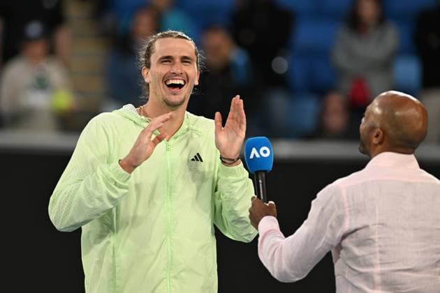 TENNIS AUSTRALIAN OPEN, Alexander Zverev of Germany sings happy birthday to his dad after forgetting it was his birthday following his 4th round win against Cameron Norrie of United Kingdom on Day 9 of the 2024 Australian Open at Melbourne Park in Melbourne, Monday, January 22, 2024. ( NO ARCHIVING, EDITORIAL USE ONLY, NO USE IN BOOKS WITHOUT CONSENT MELBOURNE VICTORIA AUSTRALIA  Copyright: xLUKASxCOCHx 20240122001892203047
