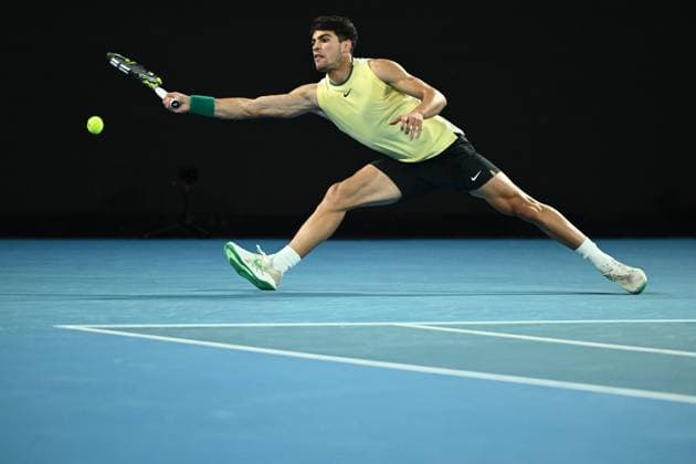 TENNIS AUSTRALIAN OPEN, Carlos Alcaraz of Spain in action during his 4th round match against Miomir Kecmanovic of Serbia on Day 9 of the 2024 Australian Open at Melbourne Park in Melbourne, Monday, January 22, 2024. ( NO ARCHIVING, EDITORIAL USE ONLY, NO USE IN BOOKS WITHOUT CONSENT MELBOURNE VICTORIA AUSTRALIA  Copyright: xJOELxCARRETTx 20240122001892206641