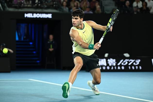 TENNIS AUSTRALIAN OPEN, Carlos Alcaraz of Spain in action during his 4th round match against Miomir Kecmanovic of Serbia on Day 9 of the 2024 Australian Open at Melbourne Park in Melbourne, Monday, January 22, 2024. ( NO ARCHIVING, EDITORIAL USE ONLY, NO USE IN BOOKS WITHOUT CONSENT MELBOURNE VICTORIA AUSTRALIA  Copyright: xJOELxCARRETTx 20240122001892208164