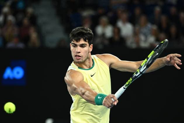 TENNIS AUSTRALIAN OPEN, Carlos Alcaraz of Spain in action during his 4th round match against Miomir Kecmanovic of Serbia on Day 9 of the 2024 Australian Open at Melbourne Park in Melbourne, Monday, January 22, 2024. ( NO ARCHIVING, EDITORIAL USE ONLY, NO USE IN BOOKS WITHOUT CONSENT MELBOURNE VICTORIA AUSTRALIA  Copyright: xJOELxCARRETTx 20240122001892208200
