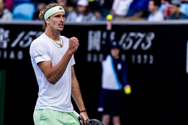 MELBOURNE, VIC - JANUARY 22: Alexander Zverev of Germany celebrates during the 4th round of the 2024 Australian Open on January 22 2024, at Melbourne Park in Melbourne, Australia. (Photo by Jason Heidrich Icon Sportswire) TENNIS: JAN 22 Australian Open EDITORIAL USE ONLY Icon240122135