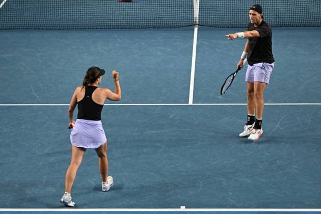 TENNIS AUSTRALIAN OPEN, Jaimee Fourlis and Andrew Harris of Australia celebrate during their 2nd round mixed doubles win against Matthew Ebden and Storm Hunter of Australia on Day 9 of the 2024 Australian Open at Melbourne Park in Melbourne, Monday, January 22, 2024. ( NO ARCHIVING, EDITORIAL USE ONLY, NO USE IN BOOKS WITHOUT CONSENT MELBOURNE VICTORIA AUSTRALIA  Copyright: xLUKASxCOCHx 20240122001892218346