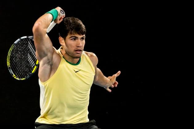 MELBOURNE, VIC - JANUARY 22: Carlos Alcaraz of Spain in action during the 4th round of the 2024 Australian Open on January 22 2024, at Melbourne Park in Melbourne, Australia. (Photo by Jason Heidrich Icon Sportswire) TENNIS: JAN 22 Australian Open EDITORIAL USE ONLY Icon240122203