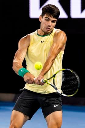 MELBOURNE, VIC - JANUARY 22: Carlos Alcaraz of Spain in action during the 4th round of the 2024 Australian Open on January 22 2024, at Melbourne Park in Melbourne, Australia. (Photo by Jason Heidrich Icon Sportswire) TENNIS: JAN 22 Australian Open EDITORIAL USE ONLY Icon240122197