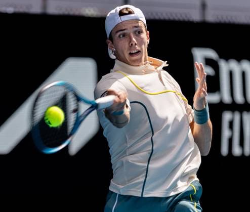 (240122) -- MELBOURNE, Jan. 22, 2024 -- Arthur Cazaux of France competes during the men s singles 4th round match between Hubert Hurkacz of Poland and Arthur Cazaux of France at the Australian Open tennis tournament in Melbourne, Australia, Jan. 22, 2024. (Photo by Xinhua) (SP)AUSTRALIA-MELBOURNE-TENNIS-AUSTRALIAN OPEN HuxJingchen 