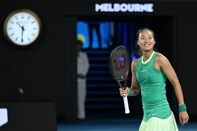 TENNIS AUSTRALIAN OPEN, Qinwen Zheng of China celebrates match point during her 4th round win against Oceane Dodin of France on Day 9 of the 2024 Australian Open at Melbourne Park in Melbourne, Monday, January 22, 2024. ( NO ARCHIVING, EDITORIAL USE ONLY, NO USE IN BOOKS WITHOUT CONSENT MELBOURNE VICTORIA AUSTRALIA  Copyright: xLUKASxCOCHx 20240122001892228007