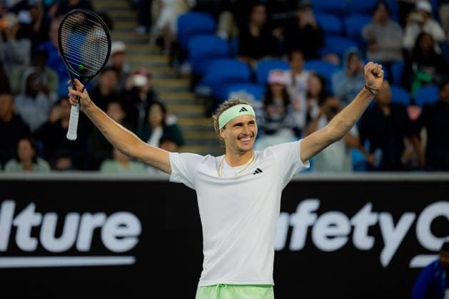 (240122) -- MELBOURNE, Jan. 22, 2024 -- Alexander Zverev celebrates after winning the men s singles 4th round match between Alexander Zverev of Germany and Cameron Norrie of Britain at the Australian Open tennis tournament in Melbourne, Australia, Jan. 22, 2024. (Photo by Xinhua) (SP)AUSTRALIA-MELBOURNE-TENNIS-AUSTRALIAN OPEN ChuxChen 
