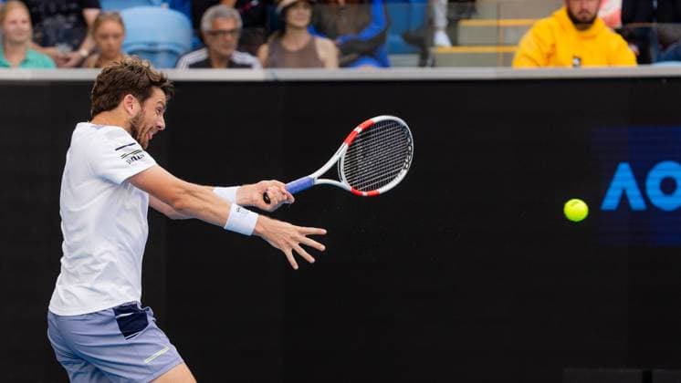 (240122) -- MELBOURNE, Jan. 22, 2024 -- Cameron Norrie competes during the men s singles 4th round match between Alexander Zverev of Germany and Cameron Norrie of Britain at the Australian Open tennis tournament in Melbourne, Australia, Jan. 22, 2024. (Photo by Xinhua) (SP)AUSTRALIA-MELBOURNE-TENNIS-AUSTRALIAN OPEN ChuxChen 