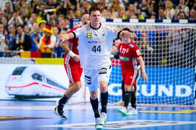 Cologne, Germany European Handball Championship 2024 Main Round Germany Hungary Christoph Steinert Germany Cheers Joy Emotion Goal celebration Goalscorer Cologne Lanxess Arena Germany