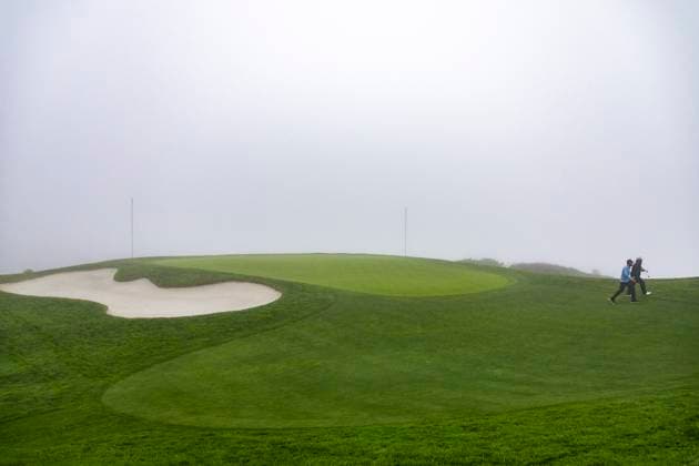 LA JOLLA, CA - JANUARY 22: Tom Whitney and his caddie walk off the South Course 3rd green on the first practice day before this week™s PGA, Golf Herren Tour Farmer™s Insurance Open, at Torrey Pines Golf Course, Monday, January 22, 2024, in La Jolla, California. (Photo by Tony Ding Icon Sportswire) GOLF: JAN 22 PGA Farmers Insurance Open EDITORIAL USE ONLY Icon46520240122020