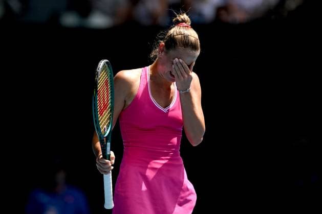 TENNIS AUSTRALIAN OPEN, Marta Kostyuk of Ukraine reacts during her quarter final match against Coco Gauff of USA on Day 10 of the 2024 Australian Open at Melbourne Park in Melbourne, Tuesday, January 23, 2024. ( NO ARCHIVING, EDITORIAL USE ONLY, NO USE IN BOOKS WITHOUT CONSENT MELBOURNE VICTORIA AUSTRALIA  Copyright: xLUKASxCOCHx 20240123001892489302