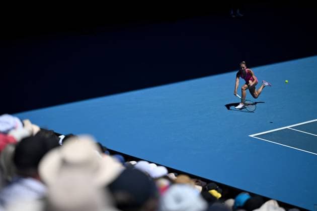 TENNIS AUSTRALIAN OPEN, Marta Kostyuk of Ukraine plays a return shot during her quarter final match against Coco Gauff of USA on Day 10 of the 2024 Australian Open at Melbourne Park in Melbourne, Tuesday, January 23, 2024. ( NO ARCHIVING, EDITORIAL USE ONLY, NO USE IN BOOKS WITHOUT CONSENT MELBOURNE VICTORIA AUSTRALIA  Copyright: xJAMESxROSSx 20240123001892494564