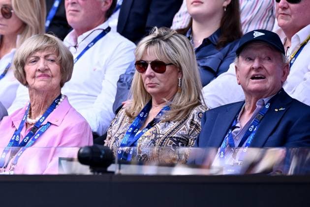 TENNIS AUSTRALIAN OPEN, (L-R) Margaret Court, Susan Johnson and Rod Laver watch on during the quarter final match between Marta Kostyuk of Ukraine and Coco Gauff the USA on Day 10 of the 2024 Australian Open at Melbourne Park in Melbourne, Tuesday, January 23, 2024. ( NO ARCHIVING, EDITORIAL USE ONLY, NO USE IN BOOKS WITHOUT CONSENT MELBOURNE VICTORIA AUSTRALIA  Copyright: xJOELxCARRETTx 20240123001892497198