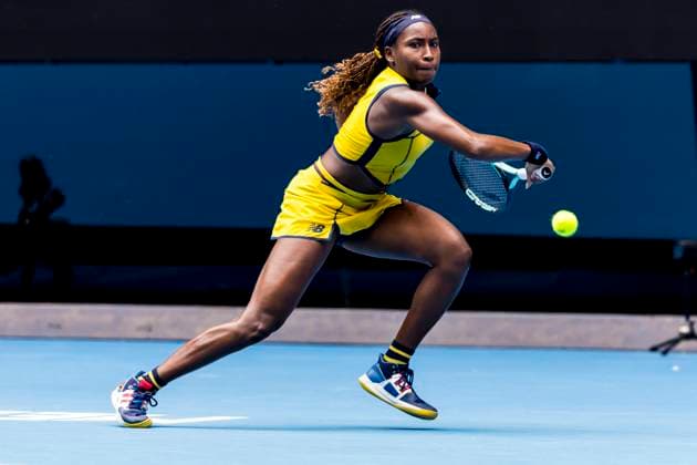 MELBOURNE, VIC - JANUARY 23: Coco Gauff of the United States of America in action during the Quarterfinals of the 2024 Australian Open on January 23 2024, at Melbourne Park in Melbourne, Australia. (Photo by Jason Heidrich Icon Sportswire) TENNIS: JAN 23 Australian Open EDITORIAL USE ONLY Icon240123006