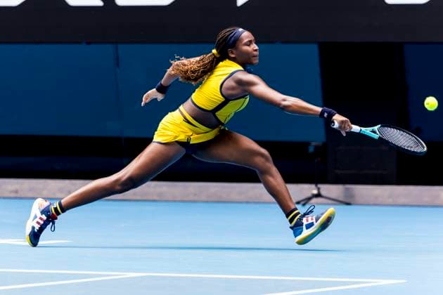 MELBOURNE, VIC - JANUARY 23: Coco Gauff of the United States of America in action during the Quarterfinals of the 2024 Australian Open on January 23 2024, at Melbourne Park in Melbourne, Australia. (Photo by Jason Heidrich Icon Sportswire) TENNIS: JAN 23 Australian Open EDITORIAL USE ONLY Icon240123007