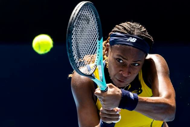MELBOURNE, VIC - JANUARY 23: Coco Gauff of the United States of America in action during the Quarterfinals of the 2024 Australian Open on January 23 2024, at Melbourne Park in Melbourne, Australia. (Photo by Jason Heidrich Icon Sportswire) TENNIS: JAN 23 Australian Open EDITORIAL USE ONLY Icon240123010