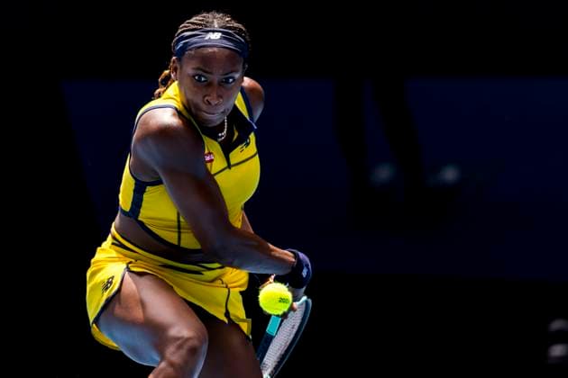 MELBOURNE, VIC - JANUARY 23: Coco Gauff of the United States of America in action during the Quarterfinals of the 2024 Australian Open on January 23 2024, at Melbourne Park in Melbourne, Australia. (Photo by Jason Heidrich Icon Sportswire) TENNIS: JAN 23 Australian Open EDITORIAL USE ONLY Icon240123011