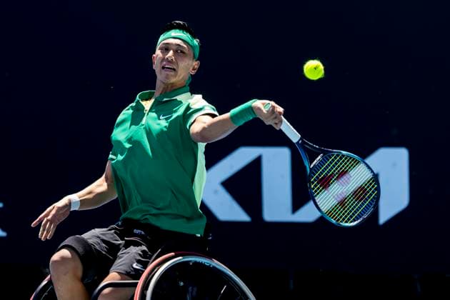 MELBOURNE, VIC - JANUARY 23: Tokito Oda of Japan in action during round 1 of the wheelchair event in the 2024 Australian Open on January 23 2024, at Melbourne Park in Melbourne, Australia. (Photo by Jason Heidrich Icon Sportswire) TENNIS: JAN 23 Australian Open EDITORIAL USE ONLY Icon240123072