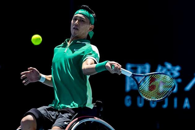 MELBOURNE, VIC - JANUARY 23: Tokito Oda of Japan in action during round 1 of the wheelchair event in the 2024 Australian Open on January 23 2024, at Melbourne Park in Melbourne, Australia. (Photo by Jason Heidrich Icon Sportswire) TENNIS: JAN 23 Australian Open EDITORIAL USE ONLY Icon240123079