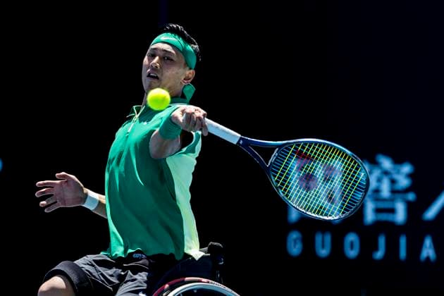 MELBOURNE, VIC - JANUARY 23: Tokito Oda of Japan in action during round 1 of the wheelchair event in the 2024 Australian Open on January 23 2024, at Melbourne Park in Melbourne, Australia. (Photo by Jason Heidrich Icon Sportswire) TENNIS: JAN 23 Australian Open EDITORIAL USE ONLY Icon240123080