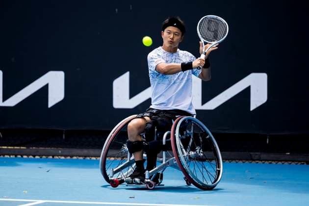 MELBOURNE, VIC - JANUARY 23: Takuya Miki of Japan in action during round 1 of the wheelchair event in the 2024 Australian Open on January 23 2024, at Melbourne Park in Melbourne, Australia. (Photo by Jason Heidrich Icon Sportswire) TENNIS: JAN 23 Australian Open EDITORIAL USE ONLY Icon240123086