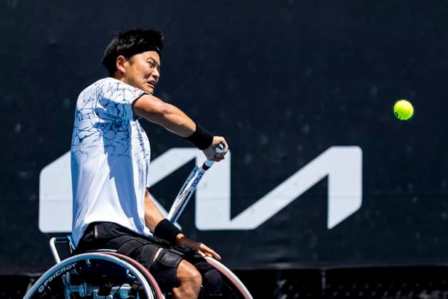 MELBOURNE, VIC - JANUARY 23: Takuya Miki of Japan in action during round 1 of the wheelchair event in the 2024 Australian Open on January 23 2024, at Melbourne Park in Melbourne, Australia. (Photo by Jason Heidrich Icon Sportswire) TENNIS: JAN 23 Australian Open EDITORIAL USE ONLY Icon240123090