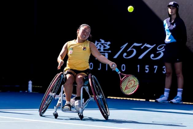 MELBOURNE, VIC - JANUARY 23: Yoi Kamiji of Japan in action during round 1 of the wheelchair event in the 2024 Australian Open on January 23 2024, at Melbourne Park in Melbourne, Australia. (Photo by Jason Heidrich Icon Sportswire) TENNIS: JAN 23 Australian Open EDITORIAL USE ONLY Icon240123095