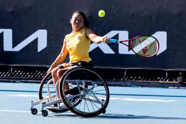 MELBOURNE, VIC - JANUARY 23: Yoi Kamiji of Japan in action during round 1 of the wheelchair event in the 2024 Australian Open on January 23 2024, at Melbourne Park in Melbourne, Australia. (Photo by Jason Heidrich Icon Sportswire) TENNIS: JAN 23 Australian Open EDITORIAL USE ONLY Icon240123101