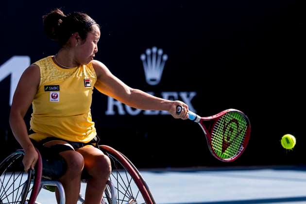 MELBOURNE, VIC - JANUARY 23: Yoi Kamiji of Japan in action during round 1 of the wheelchair event in the 2024 Australian Open on January 23 2024, at Melbourne Park in Melbourne, Australia. (Photo by Jason Heidrich Icon Sportswire) TENNIS: JAN 23 Australian Open EDITORIAL USE ONLY Icon240123104