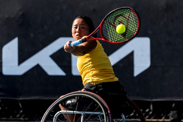 MELBOURNE, VIC - JANUARY 23: Yoi Kamiji of Japan in action during round 1 of the wheelchair event in the 2024 Australian Open on January 23 2024, at Melbourne Park in Melbourne, Australia. (Photo by Jason Heidrich Icon Sportswire) TENNIS: JAN 23 Australian Open EDITORIAL USE ONLY Icon240123113