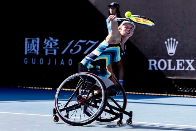 MELBOURNE, VIC - JANUARY 23: Lizzy De Greef of the Netherlands in action during round 1 of the wheelchair event in the 2024 Australian Open on January 23 2024, at Melbourne Park in Melbourne, Australia. (Photo by Jason Heidrich Icon Sportswire) TENNIS: JAN 23 Australian Open EDITORIAL USE ONLY Icon240123115