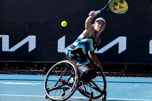 MELBOURNE, VIC - JANUARY 23: Lizzy De Greef of the Netherlands in action during round 1 of the wheelchair event in the 2024 Australian Open on January 23 2024, at Melbourne Park in Melbourne, Australia. (Photo by Jason Heidrich Icon Sportswire) TENNIS: JAN 23 Australian Open EDITORIAL USE ONLY Icon240123117