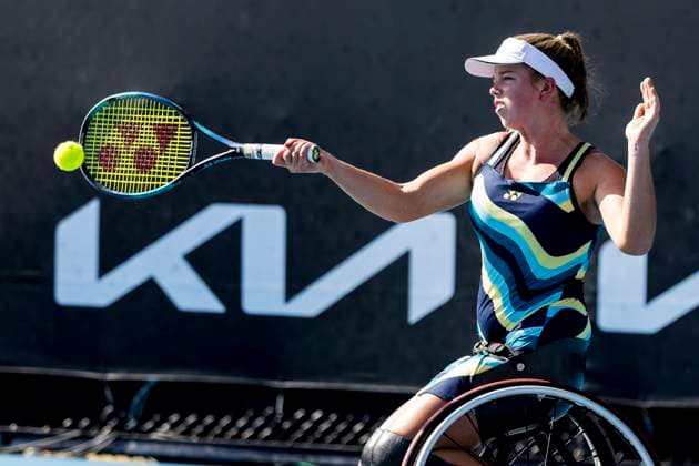 MELBOURNE, VIC - JANUARY 23: Lizzy De Greef of the Netherlands in action during round 1 of the wheelchair event in the 2024 Australian Open on January 23 2024, at Melbourne Park in Melbourne, Australia. (Photo by Jason Heidrich Icon Sportswire) TENNIS: JAN 23 Australian Open EDITORIAL USE ONLY Icon240123118