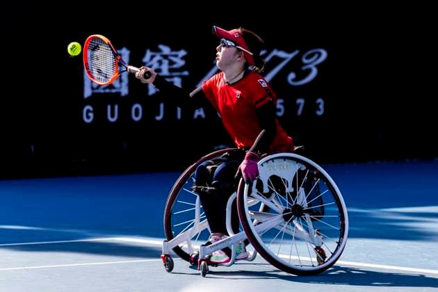 MELBOURNE, VIC - JANUARY 23: Manami Tanaka of Japan in action during round 1 of the wheelchair event in the 2024 Australian Open on January 23 2024, at Melbourne Park in Melbourne, Australia. (Photo by Jason Heidrich Icon Sportswire) TENNIS: JAN 23 Australian Open EDITORIAL USE ONLY Icon240123120