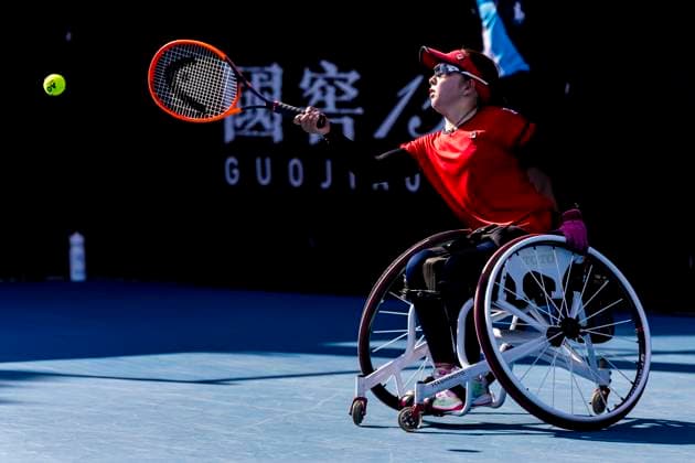 MELBOURNE, VIC - JANUARY 23: Manami Tanaka of Japan in action during round 1 of the wheelchair event in the 2024 Australian Open on January 23 2024, at Melbourne Park in Melbourne, Australia. (Photo by Jason Heidrich Icon Sportswire) TENNIS: JAN 23 Australian Open EDITORIAL USE ONLY Icon240123121