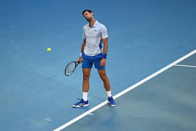 TENNIS AUSTRALIAN OPEN, Novak Djokovic of Serbia reacts during his quarter final match against Taylor Fritz of the USA on Day 10 of the 2024 Australian Open at Melbourne Park in Melbourne, Tuesday, January 23, 2024. ( NO ARCHIVING, EDITORIAL USE ONLY, NO USE IN BOOKS WITHOUT CONSENT MELBOURNE VICTORIA AUSTRALIA  Copyright: xLUKASxCOCHx 20240123001892556160