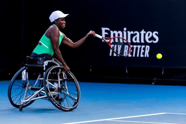 MELBOURNE, VIC - JANUARY 23: Kgothatso Montjane of South Africa in action during round 1 of the wheelchair event in the 2024 Australian Open on January 23 2024, at Melbourne Park in Melbourne, Australia. (Photo by Jason Heidrich Icon Sportswire) TENNIS: JAN 23 Australian Open EDITORIAL USE ONLY Icon240123127