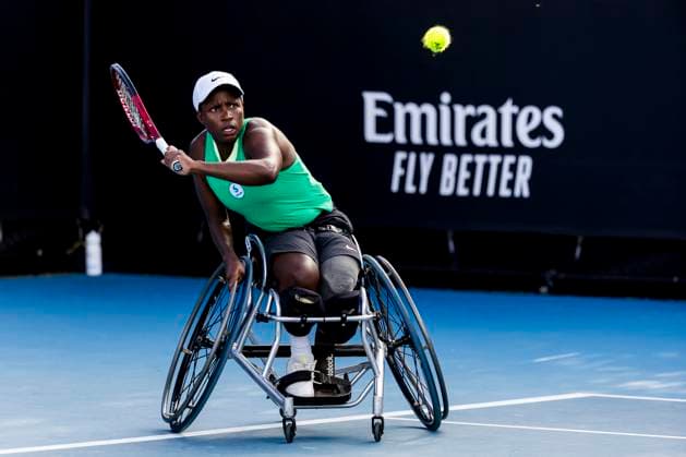 MELBOURNE, VIC - JANUARY 23: Kgothatso Montjane of South Africa in action during round 1 of the wheelchair event in the 2024 Australian Open on January 23 2024, at Melbourne Park in Melbourne, Australia. (Photo by Jason Heidrich Icon Sportswire) TENNIS: JAN 23 Australian Open EDITORIAL USE ONLY Icon240123128
