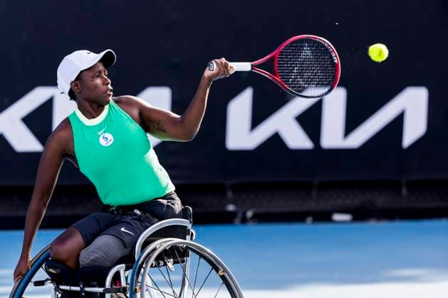 MELBOURNE, VIC - JANUARY 23: Kgothatso Montjane of South Africa in action during round 1 of the wheelchair event in the 2024 Australian Open on January 23 2024, at Melbourne Park in Melbourne, Australia. (Photo by Jason Heidrich Icon Sportswire) TENNIS: JAN 23 Australian Open EDITORIAL USE ONLY Icon240123130