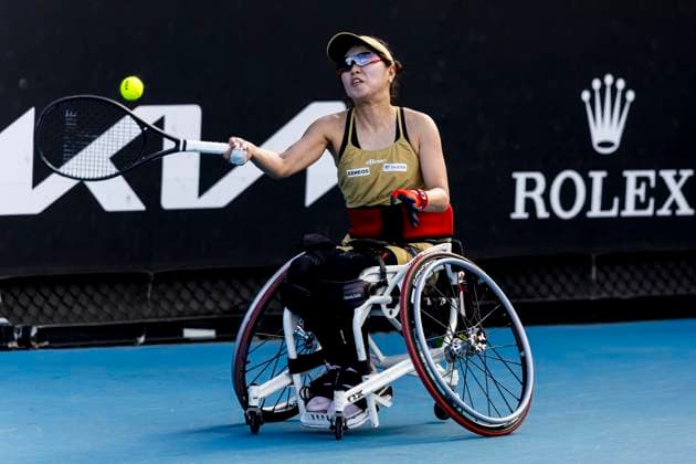 MELBOURNE, VIC - JANUARY 23: Momoko Ohtani of Japan in action during round 1 of the wheelchair event in the 2024 Australian Open on January 23 2024, at Melbourne Park in Melbourne, Australia. (Photo by Jason Heidrich Icon Sportswire) TENNIS: JAN 23 Australian Open EDITORIAL USE ONLY Icon240123135