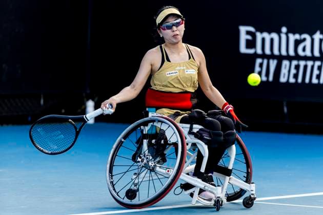 MELBOURNE, VIC - JANUARY 23: Momoko Ohtani of Japan in action during round 1 of the wheelchair event in the 2024 Australian Open on January 23 2024, at Melbourne Park in Melbourne, Australia. (Photo by Jason Heidrich Icon Sportswire) TENNIS: JAN 23 Australian Open EDITORIAL USE ONLY Icon240123139