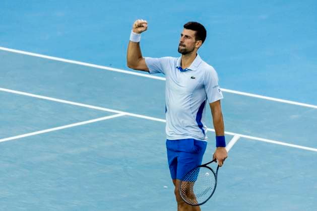 MELBOURNE, VIC - JANUARY 23: Novak Djokovic of Serbia celebrates after winning his quarterfinal match of the 2024 Australian Open on January 23 2024, at Melbourne Park in Melbourne, Australia. (Photo by Jason Heidrich Icon Sportswire) TENNIS: JAN 23 Australian Open EDITORIAL USE ONLY Icon240123165
