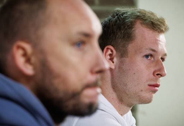Belgian Davis Cup captain Steve Darcis and Belgian Gauthier Onclin pictured during a press conference, PK, Pressekonferenz of Onclin for his first selection with the Davis Cup team, at the BW Open ATP, Tennis Herren Challenger 125 tournament, in Louvain-la-Neuve, Tuesday 23 January 2024. THE BW Open takes place from 22 to 28 January. BENOITxDOPPAGNE  x84490442x