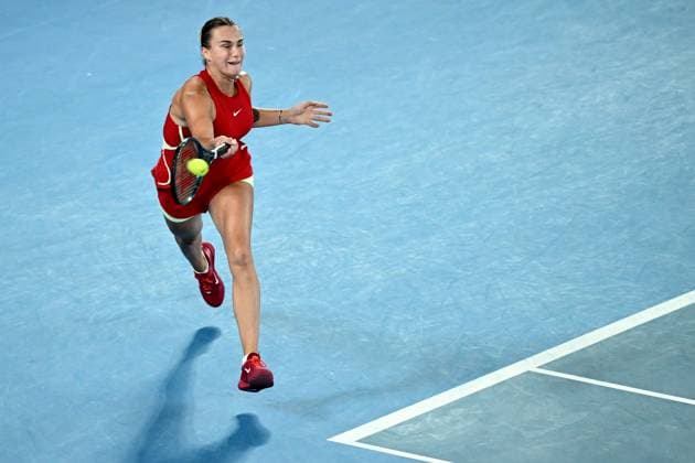 TENNIS AUSTRALIAN OPEN, Aryna Sabelenka of Belarus plays a return shot during her quarter final match against Barbora Krejcikova of the Czech Republic on Day 10 of the 2024 Australian Open at Melbourne Park in Melbourne, Tuesday, January 23, 2024. ( NO ARCHIVING, EDITORIAL USE ONLY, NO USE IN BOOKS WITHOUT CONSENT MELBOURNE VICTORIA AUSTRALIA  Copyright: xJOELxCARRETTx 20240123001892574587