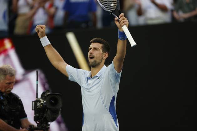 Novak Djokovic (SRB) celebrates after wins their quarterfinals match against Tayor Fritz (USA) during Australian Open, International Tennis match in Melbourne, Australia, January 23 2024  Copyright: xAgnxFoto IPAxSportx xipa-agency.x xx IPA_42889912 IPA_Agency_IPA42889912