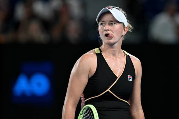 TENNIS AUSTRALIAN OPEN, Barbora Krejcikova of the Czech Republic reacts during her quarter final match against Aryna Sabelenka of Belarus on Day 10 of the 2024 Australian Open at Melbourne Park in Melbourne, Tuesday, January 23, 2024. ( NO ARCHIVING, EDITORIAL USE ONLY, NO USE IN BOOKS WITHOUT CONSENT MELBOURNE VICTORIA AUSTRALIA  Copyright: xLUKASxCOCHx 20240123001892577984