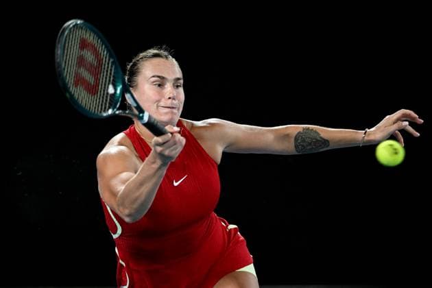 TENNIS AUSTRALIAN OPEN, Aryna Sabelenka of Belarus plays a return shot during her quarter final match against Barbora Krejcikova of the Czech Republic on Day 10 of the 2024 Australian Open at Melbourne Park in Melbourne, Tuesday, January 23, 2024. ( NO ARCHIVING, EDITORIAL USE ONLY, NO USE IN BOOKS WITHOUT CONSENT MELBOURNE VICTORIA AUSTRALIA  Copyright: xLUKASxCOCHx 20240123001892578084