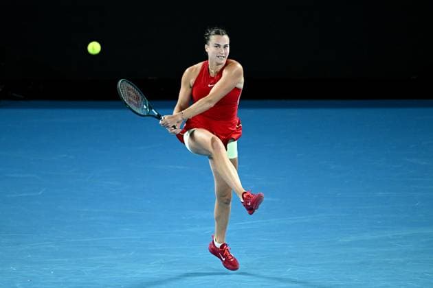 TENNIS AUSTRALIAN OPEN, Aryna Sabelenka of Belarus plays a return shot during her quarter final match against Barbora Krejcikova of the Czech Republic on Day 10 of the 2024 Australian Open at Melbourne Park in Melbourne, Tuesday, January 23, 2024. ( NO ARCHIVING, EDITORIAL USE ONLY, NO USE IN BOOKS WITHOUT CONSENT MELBOURNE VICTORIA AUSTRALIA  Copyright: xJOELxCARRETTx 20240123001892578551