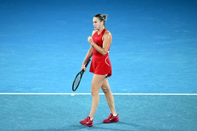 TENNIS AUSTRALIAN OPEN, Aryna Sabelenka of Belarus gestures during her quarter final match against Barbora Krejcikova of the Czech Republic on Day 10 of the 2024 Australian Open at Melbourne Park in Melbourne, Tuesday, January 23, 2024. ( NO ARCHIVING, EDITORIAL USE ONLY, NO USE IN BOOKS WITHOUT CONSENT MELBOURNE VICTORIA AUSTRALIA  Copyright: xJOELxCARRETTx 20240123001892578752